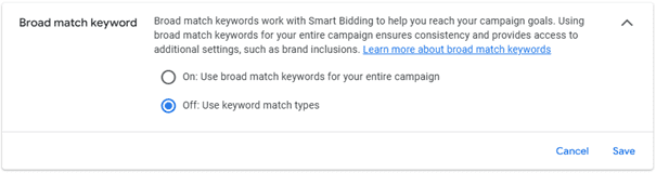 Broad match keyword instellingen